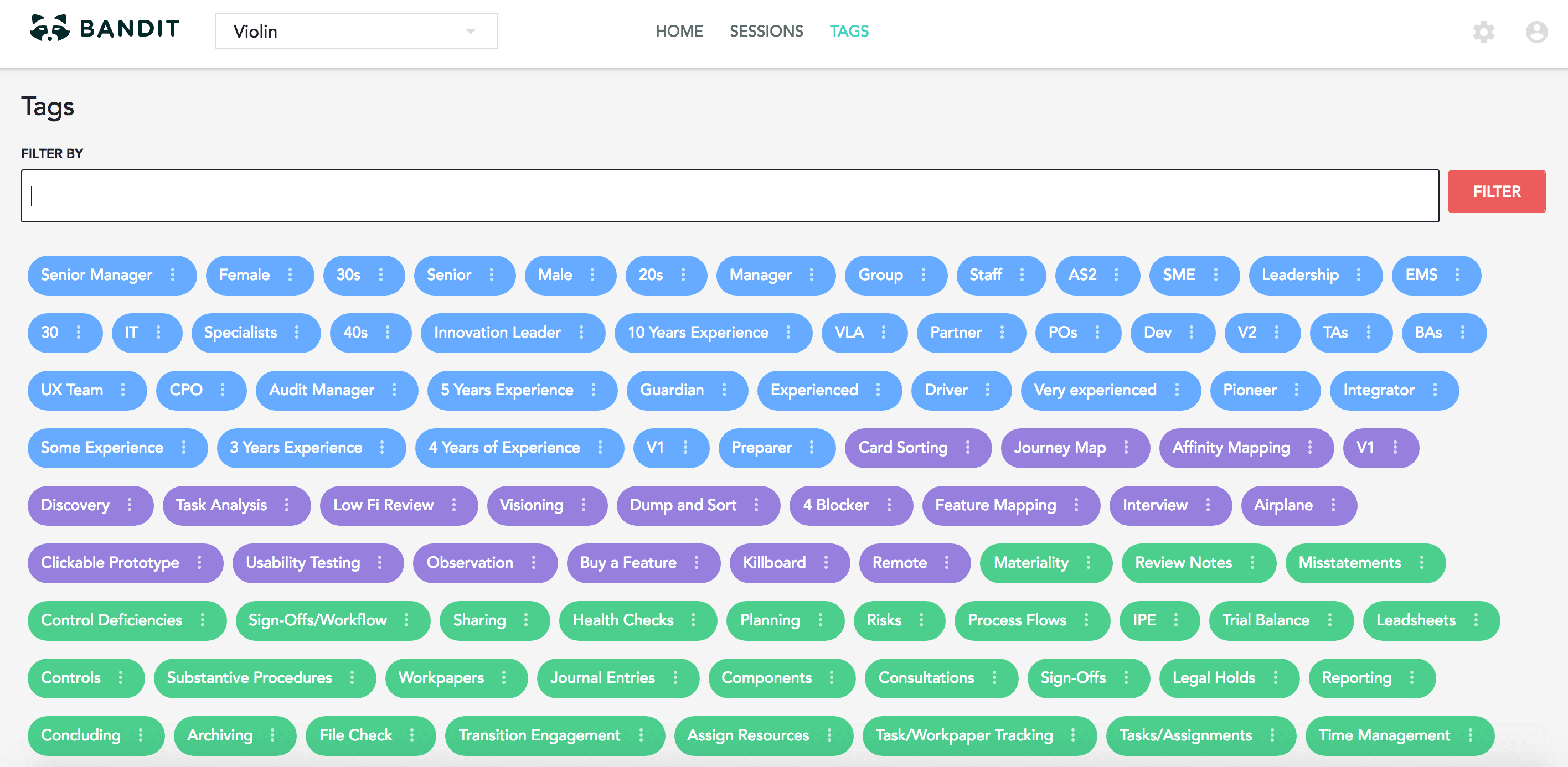 Bandit tags page with a filter field and color-coded tags grouped by participant, research method and topic.