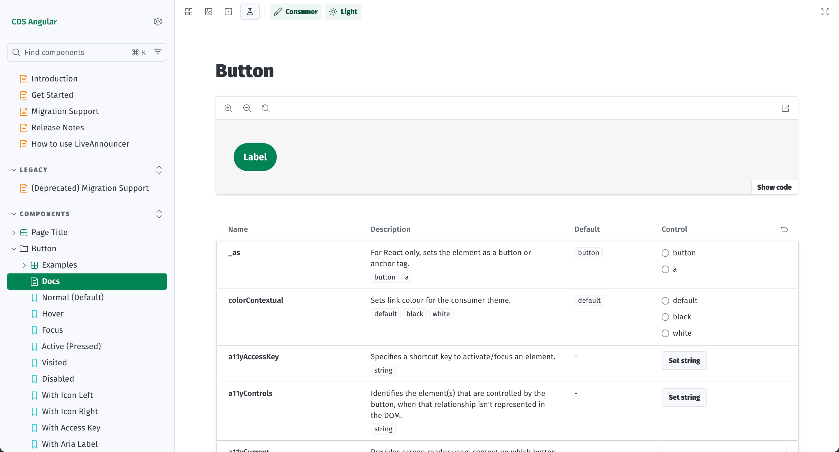 Public CDS Angular Storybook docs page for the Button component: a sidebar listing Button stories for each state (normal, hover, focus, active, visited, disabled) and variants with icons, access key and aria label, a live green button preview, and a props table including a11yAccessKey and a11yControls.