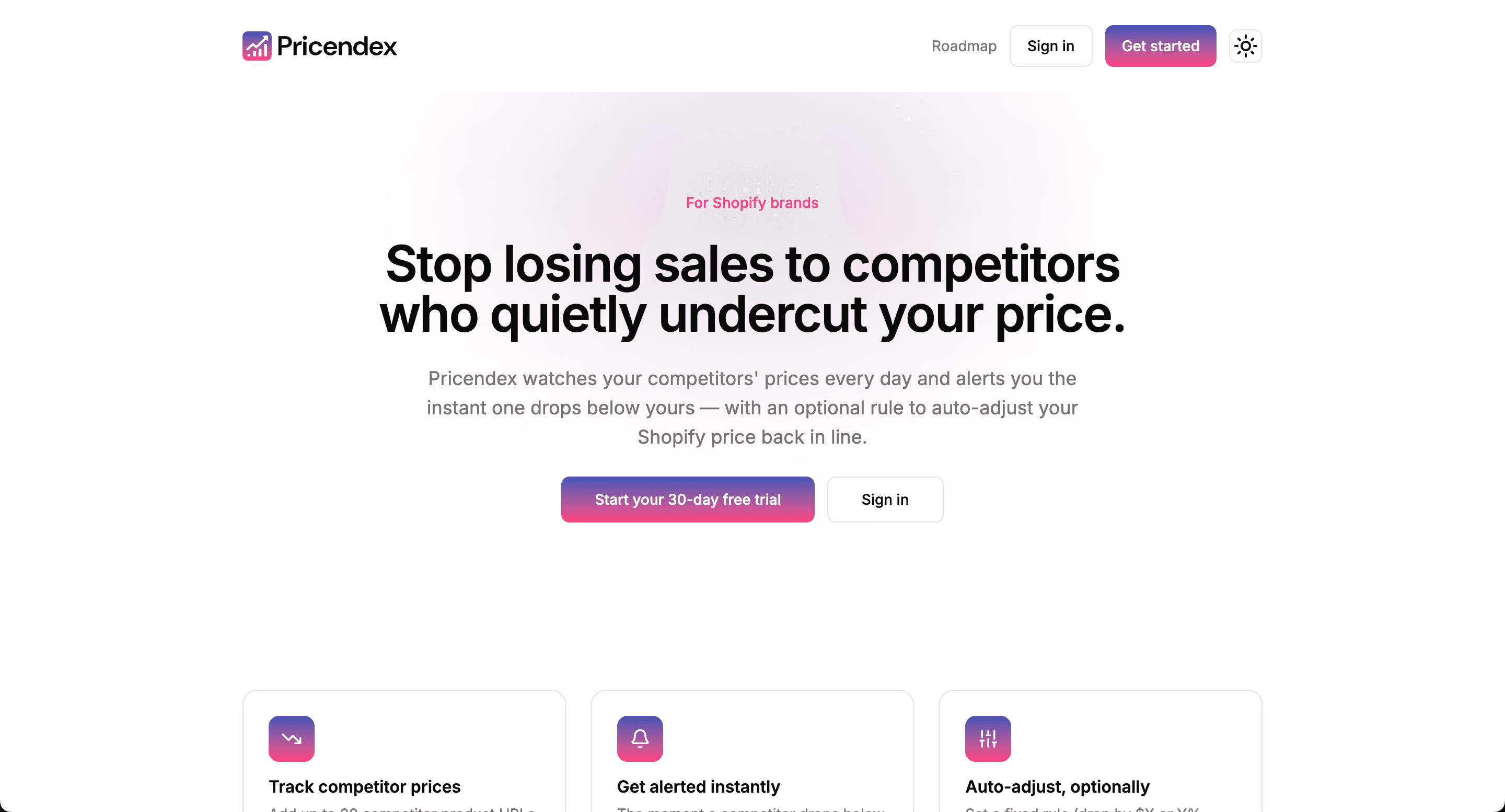 Pricendex landing page for Shopify brands with the headline “Stop losing sales to competitors who quietly undercut your price.”, a start free trial button, and feature cards for tracking competitor prices, instant alerts and optional auto-adjust.
