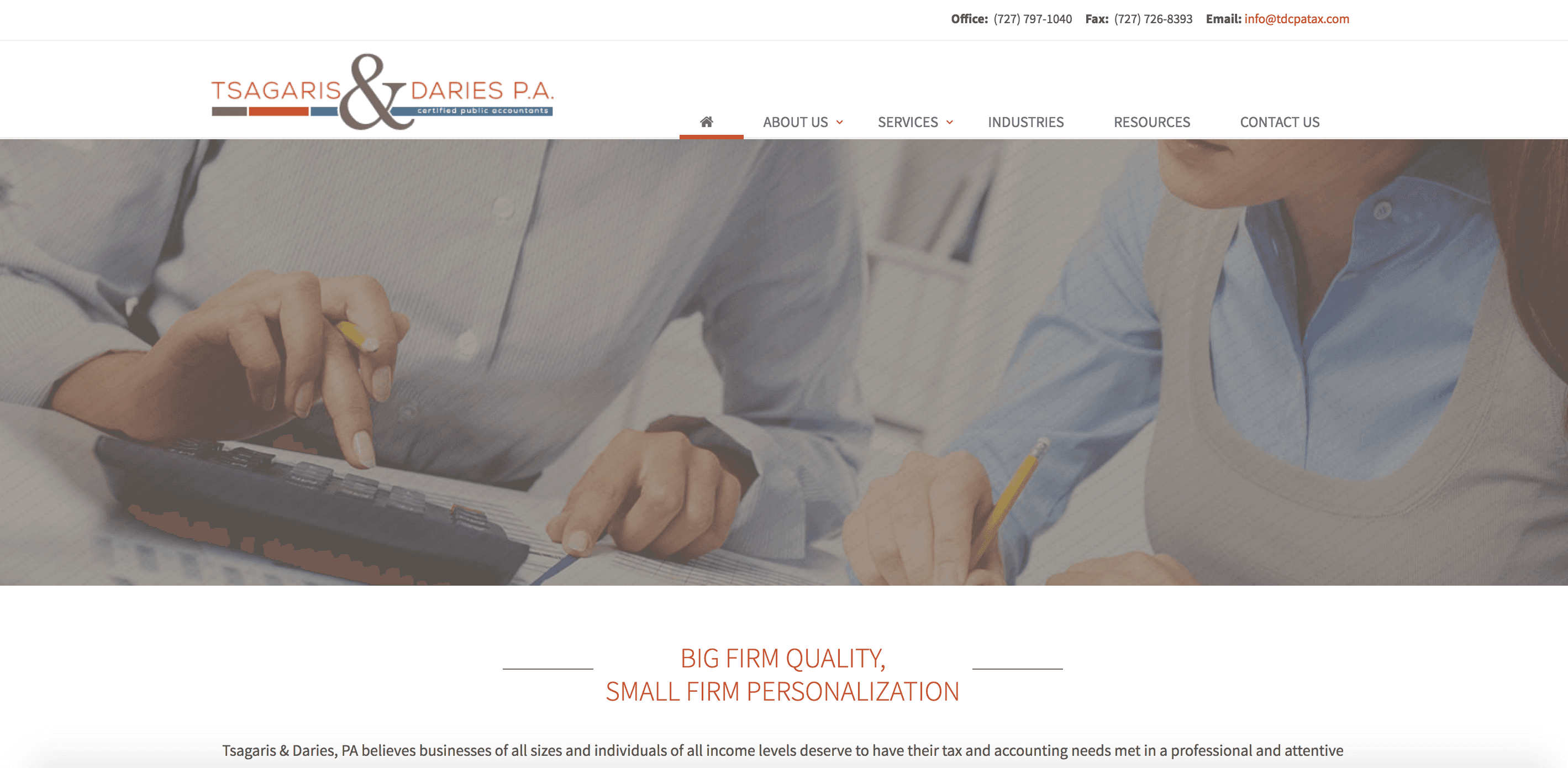Home page of an accounting firm's website built with SiteBuilder, with a hero photo and the tagline Big firm quality, small firm personalization.