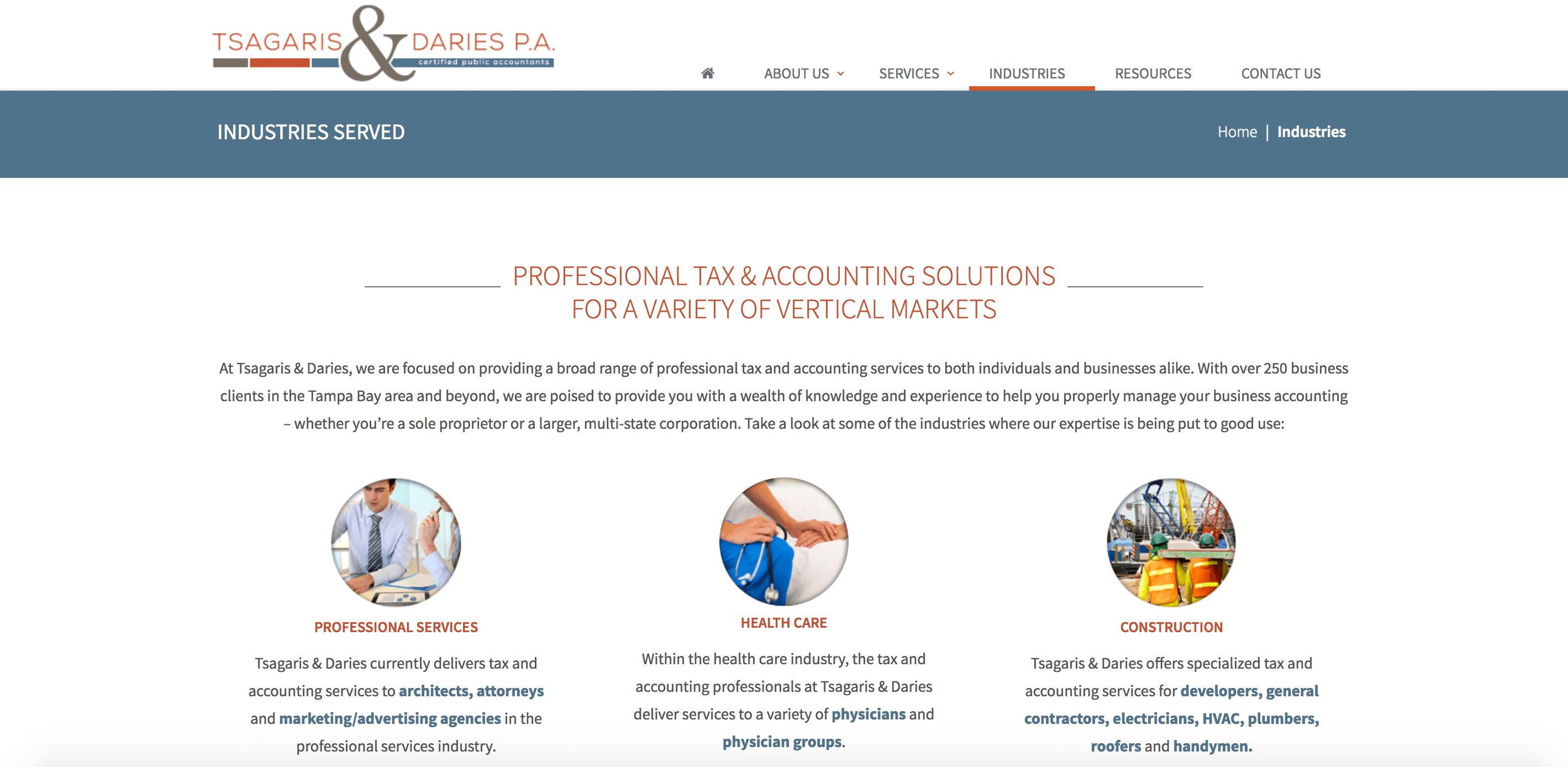 Industries page of the same accounting firm's website, with sections for professional services, health care, and construction.